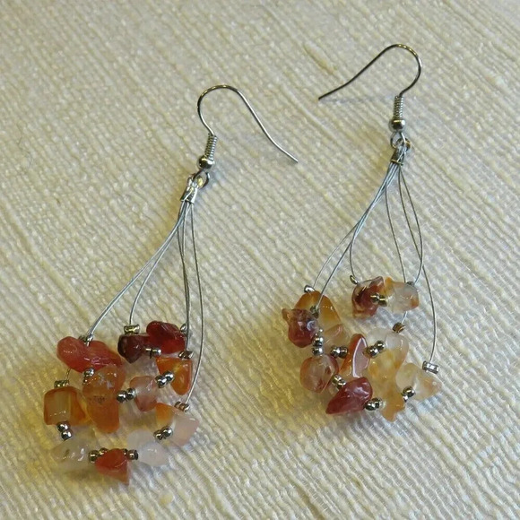 Handmade Red Agate Gemstone Beads Triple Teardrop Loop 70mm Long Earrings - Picture 1 of 1